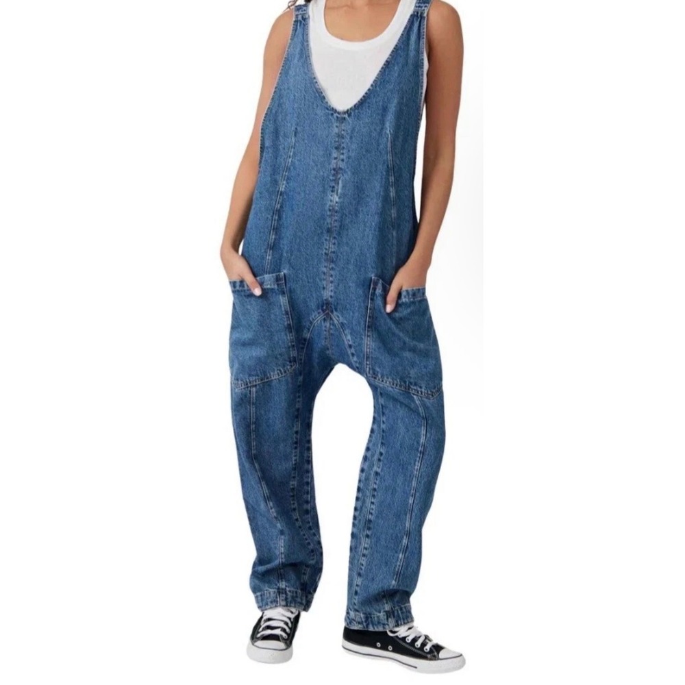 Free People We The Free High Roller Baggy Denim Overalls Jumpsuit XL